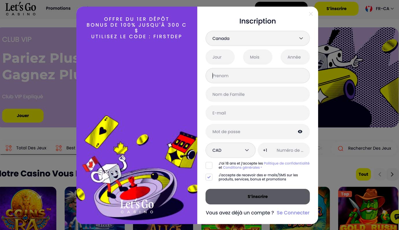 Capture d'écran du formulaire d'inscription de Let's Go Casino